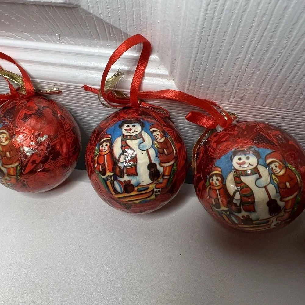 Set Of 5-Vintage Paper Mache‎ Snowman And Children Ornament
